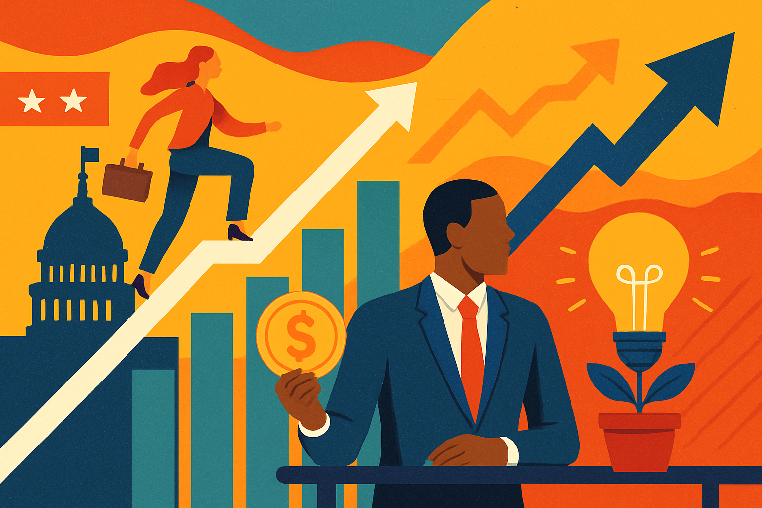 Modern illustration depicting venture capital investment and innovation in a dynamic political landscape
